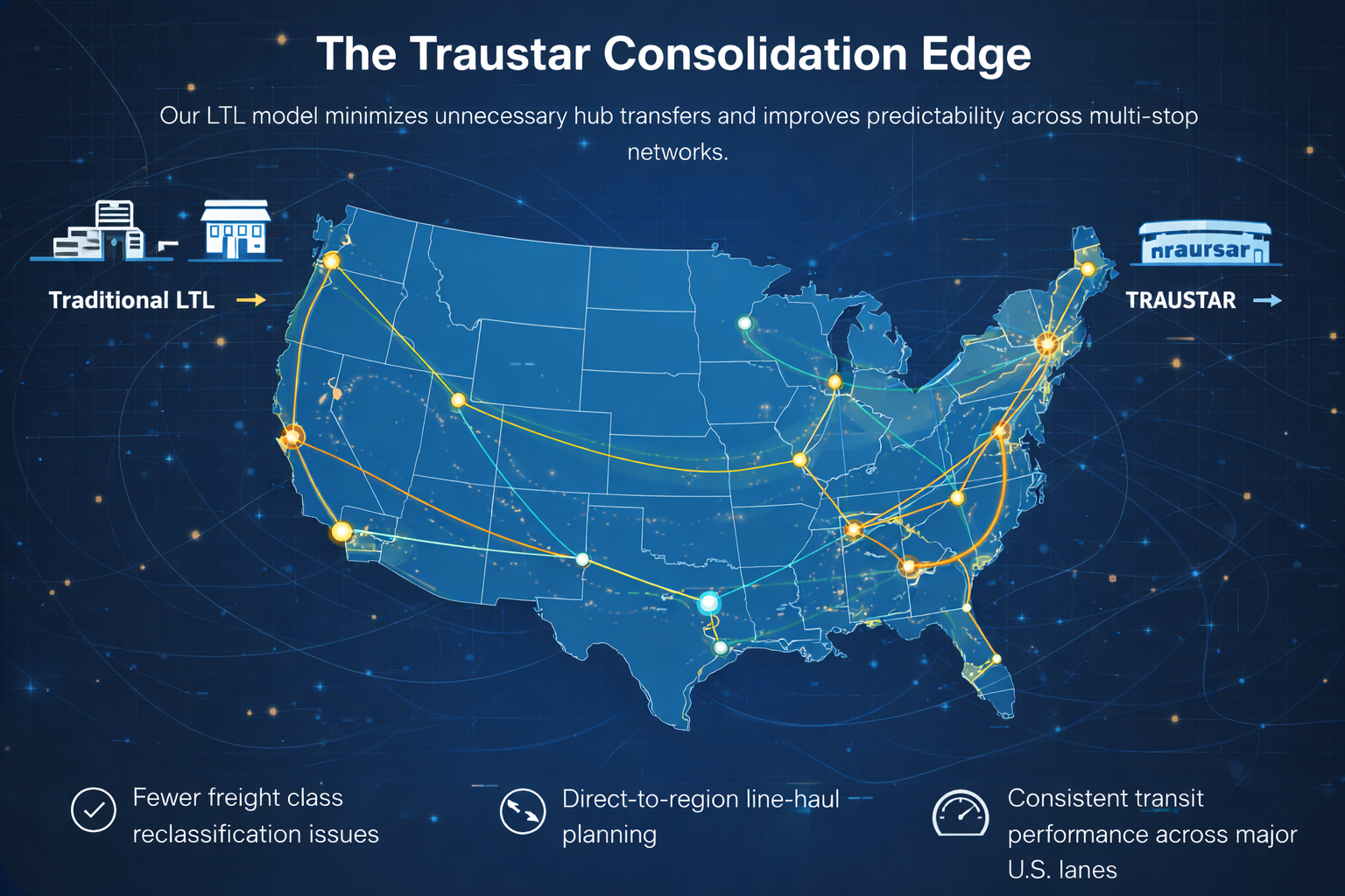 Consolidated LTL routes across major U.S. regions